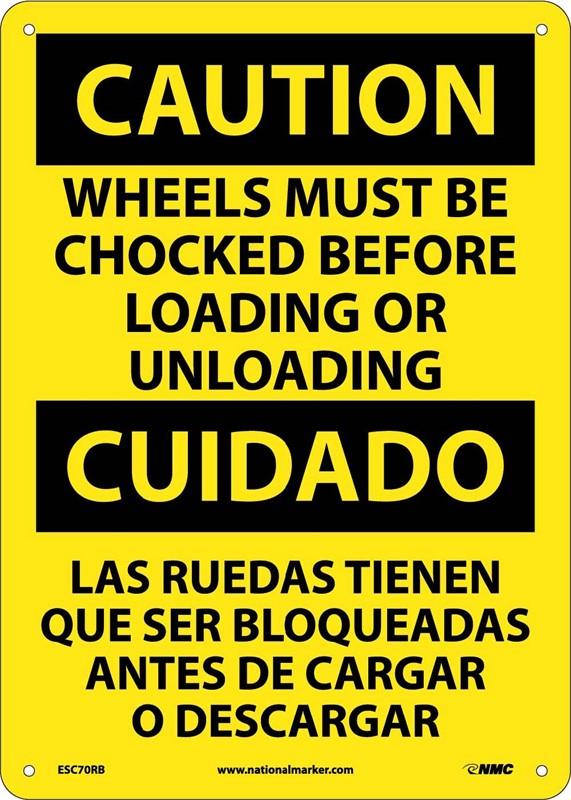 CAUTION WHEEL CHOCK BILINGUAL 14X10